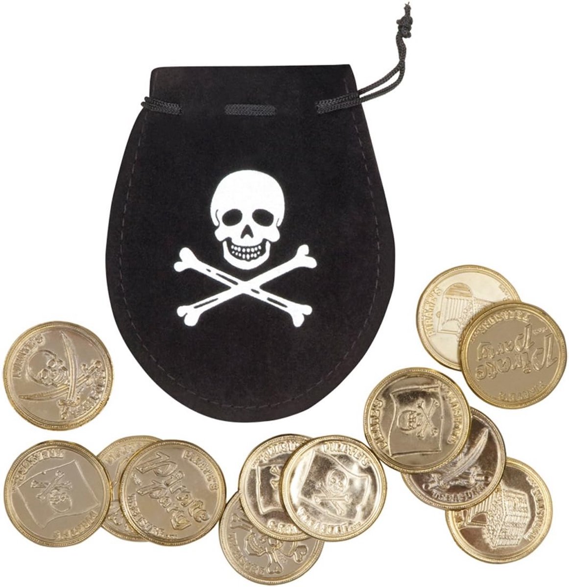 Zak Vol Piratengeld met 12 Gouden Doblones voor Feest en Verkleedpartijen