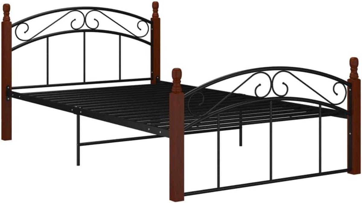 Tweepersoons Bedframe 120x200 cm Zwart Metaal en Massief Eikenhout
