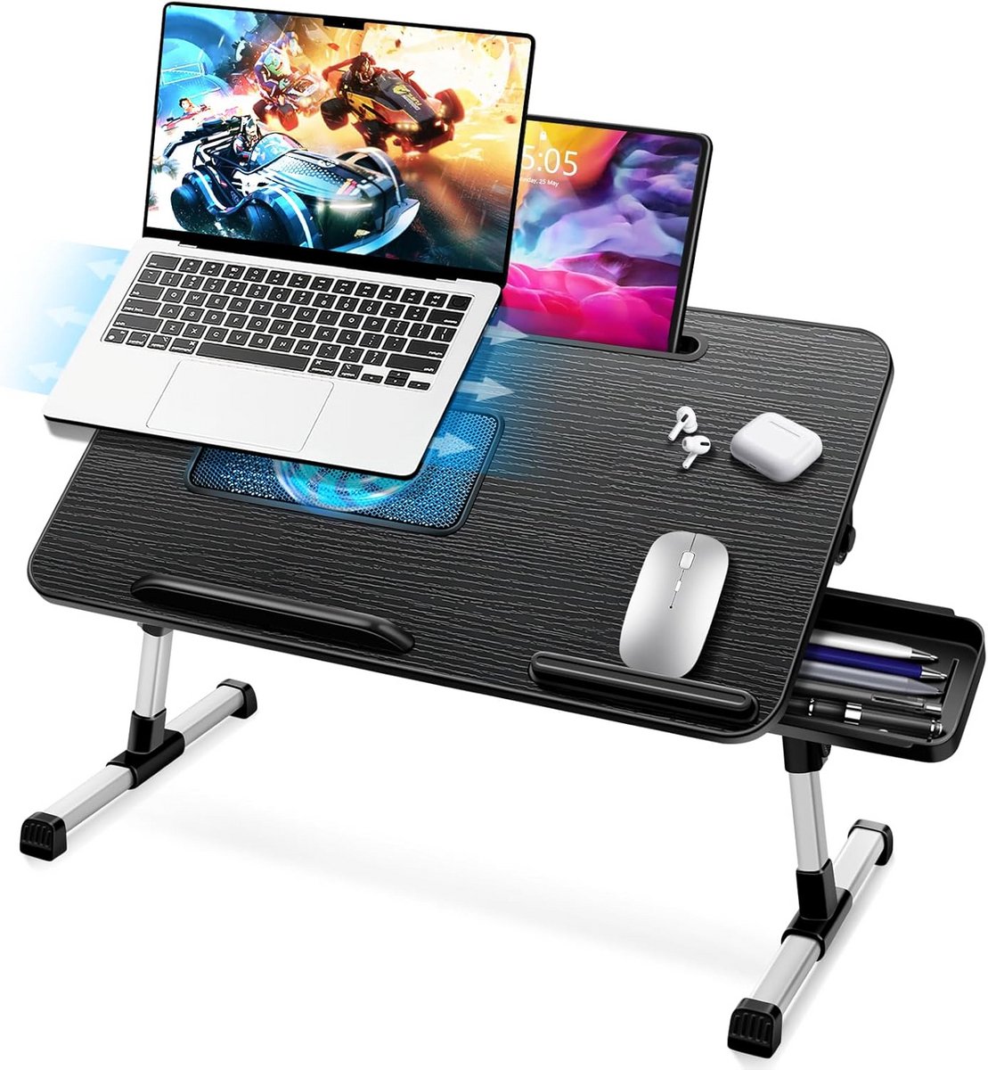 Verstelbare Laptophouder Tafel met Dienblad en Opberglade - Zwart 53x30 cm