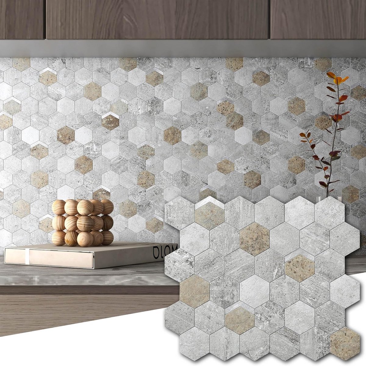 Mozaïektegels Zelfklevend Zeshoek 3D-Stein Optiek Waterdicht Matte Afwerking Herfst Grijs Keuken Badkamer Tegelmat 5 Stuks