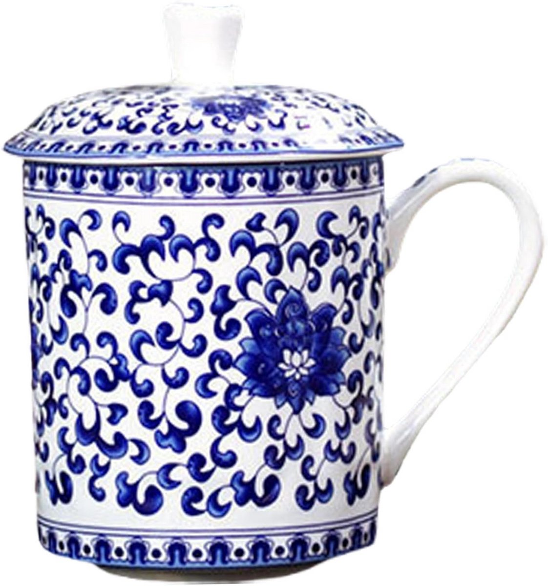 Grote Keramische Theemok met Deksel en Handvat 500 ml Blauw Wit