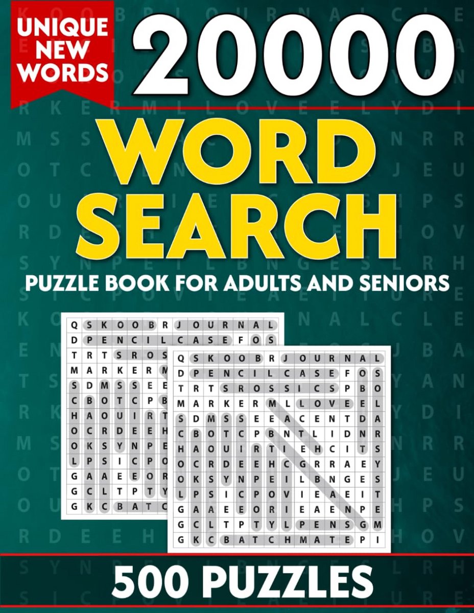 Woordzoekpuzzelboek met 500 Uitdagende Puzzels en 20000 Unieke Woorden voor Volwassenen en Senioren