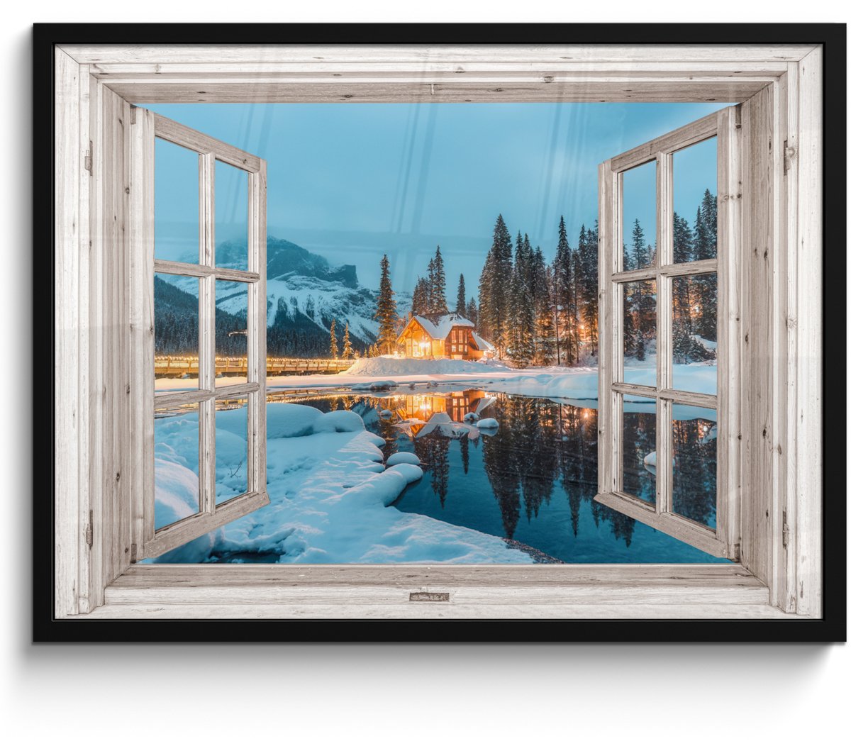 FrameYourWall Poster in lijst - Fotolijst 70x50 cm - Posters - Doorkijk - Winterlandschap - Natuur - Huis - Bergen - Posterlijst zwart - Decoratie - Wanddecoratie woonkamer - Muurdecoratie slaapkamer Bergmeer