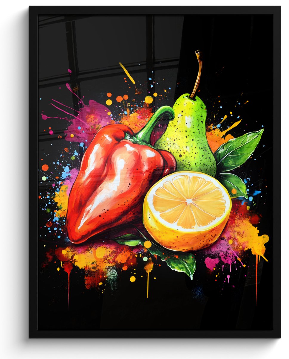 FrameYourWall Poster in lijst - Fotolijst 50x70 cm - Posters - Paprika - Peer - Citroen - Graffiti - Verf - Abstract - Posterlijst zwart - Decoratie - Wanddecoratie woonkamer - Muurdecoratie slaapkamer Graffiti - Fruit - Stuks