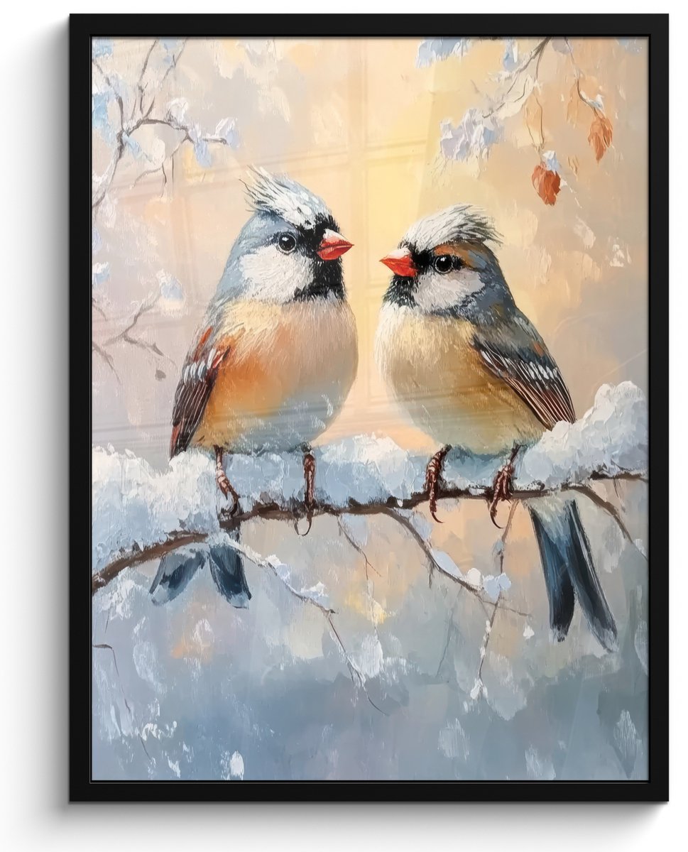 FrameYourWall Poster in lijst - Fotolijst 50x70 cm - Posters - Vogels - Tak - Winter - Sneeuw - Posterlijst zwart - Decoratie - Wanddecoratie woonkamer - Muurdecoratie slaapkamer Winter - Vogels
