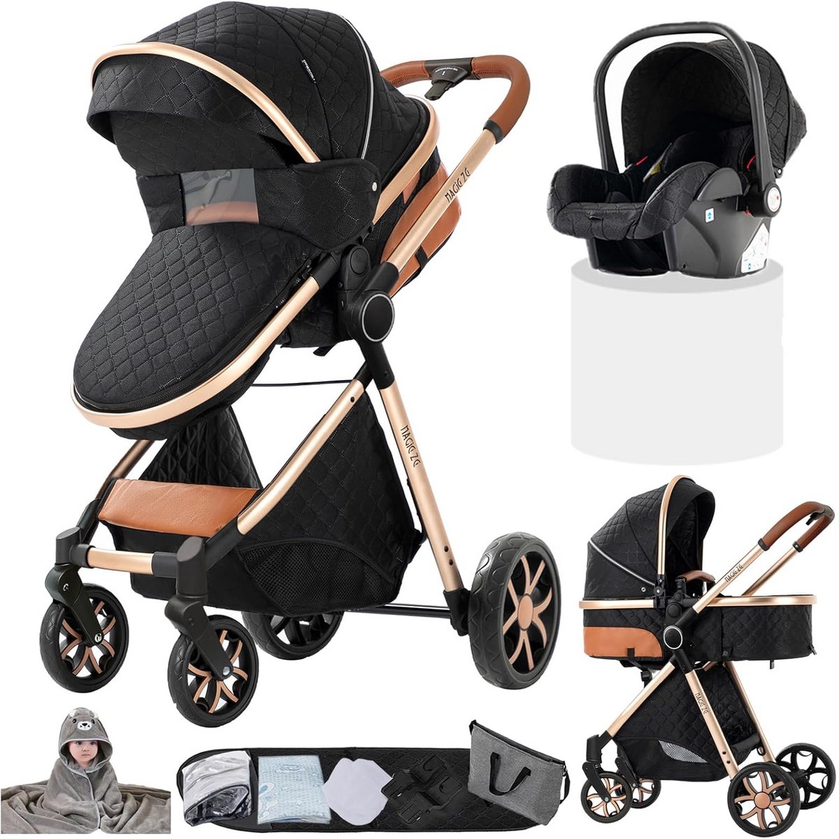 3-in-1 Kinderwagen Set Met Omkeerbare Zitstand en Grote Draagtas