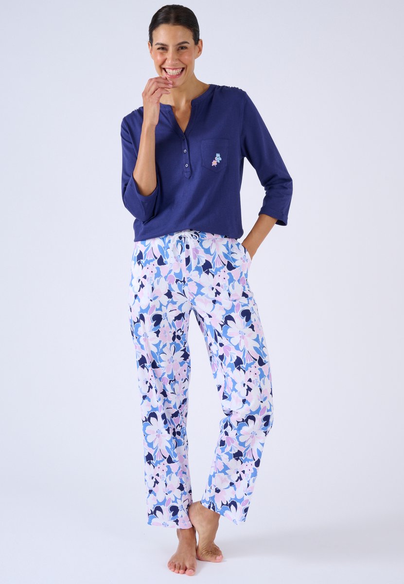 Damart - Pyjama T-shirt Tunesische kraag puur katoen - Dames - Blauw - 42-44 (M)