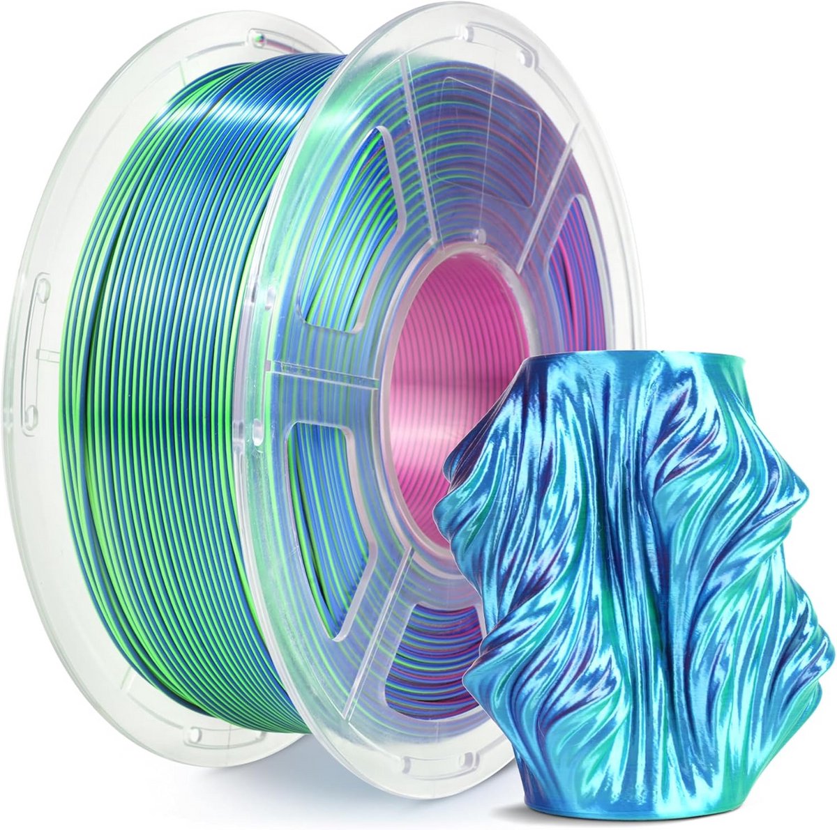 Zijdeglad PLA+ 3D Printer Filament 1.75mm, 1kg Spoel, Trifecta Kleurverloop (Blauw Groen Paars)