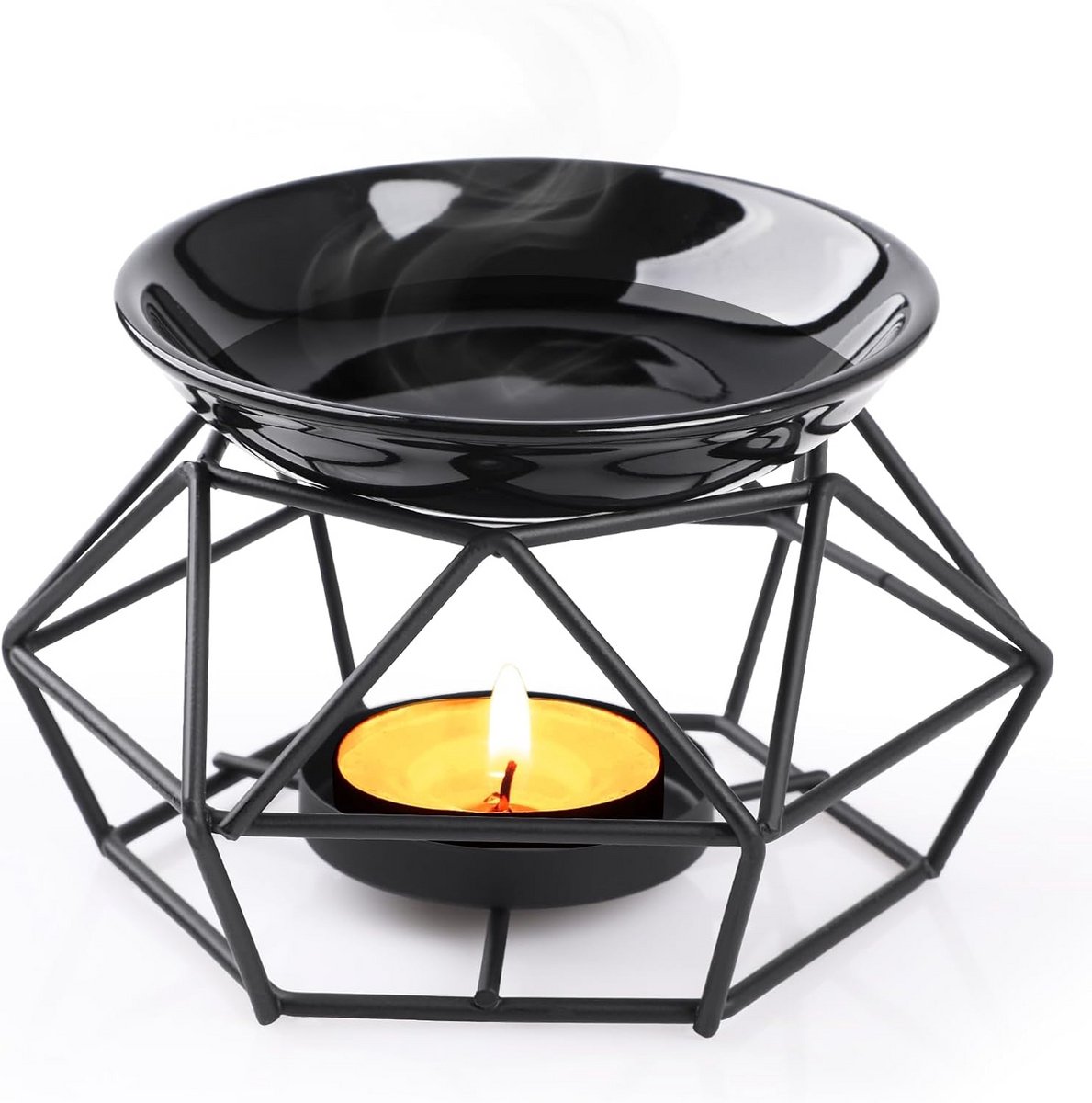 Metalen geurbrander met theelicht – zwart + zwarte kom voor etherische oliën en aromawas