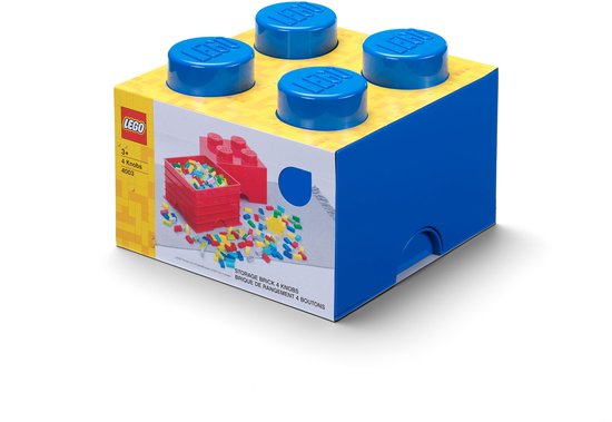 Blauwe LEGO opbergdoos met verpakking en deksel erop, met afbeelding van LEGO-stenen.