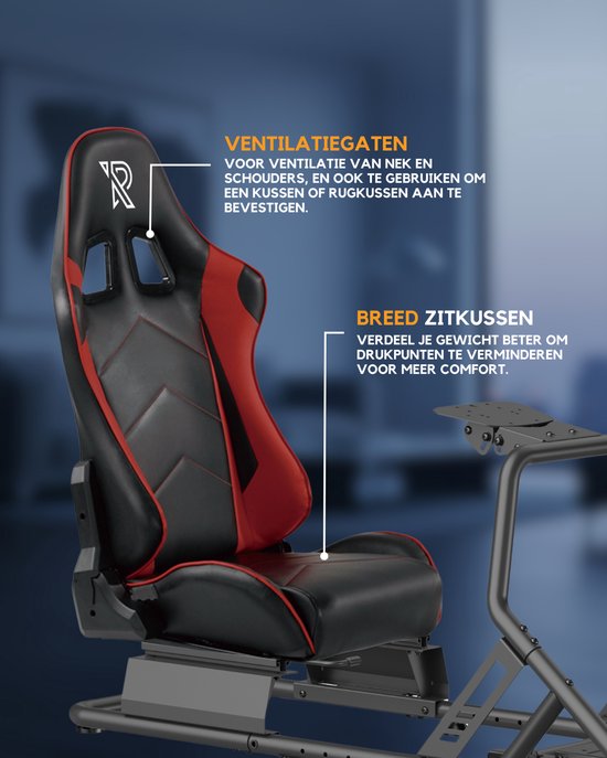 Close-up van een zwart-rode racestoel met rode accenten en ventilatieopeningen bij de nek en schouders.