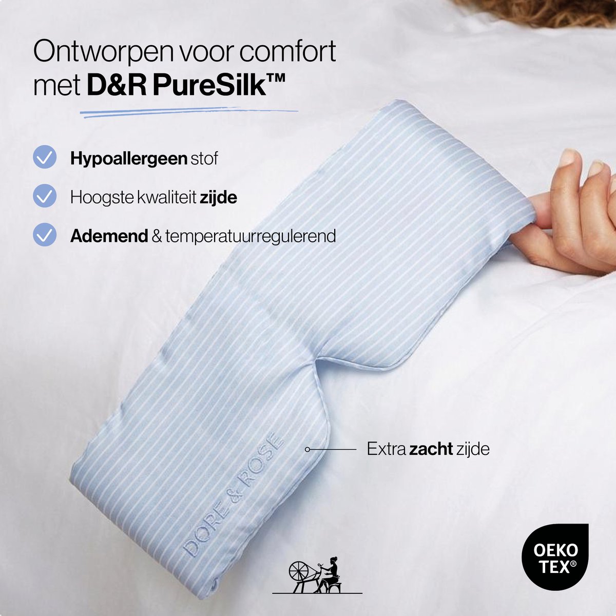 Dore & Rose - Slaapmasker - Oogmasker - Zijden Slaapmasker Voor Mannen en Vrouwen - Deep Sleep Mask - Eye Mask - Verduisterend - Wallen - Gestreept blauw — afbeelding 6