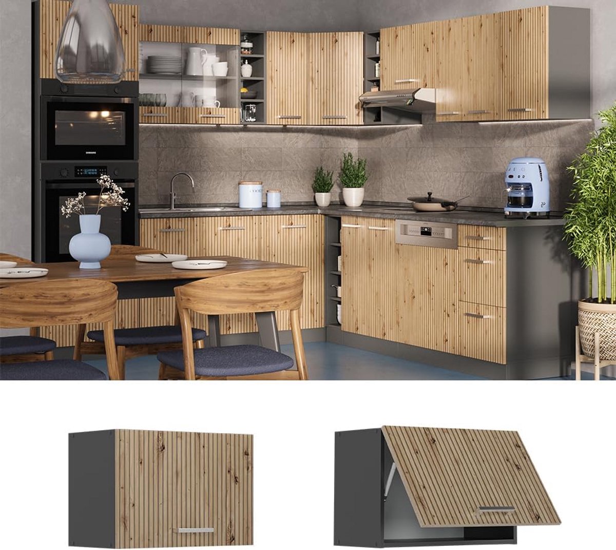Hangkast Keukenmodule 60 cm - Artisanaal Eiken en Antraciet - Wandkast Opslag