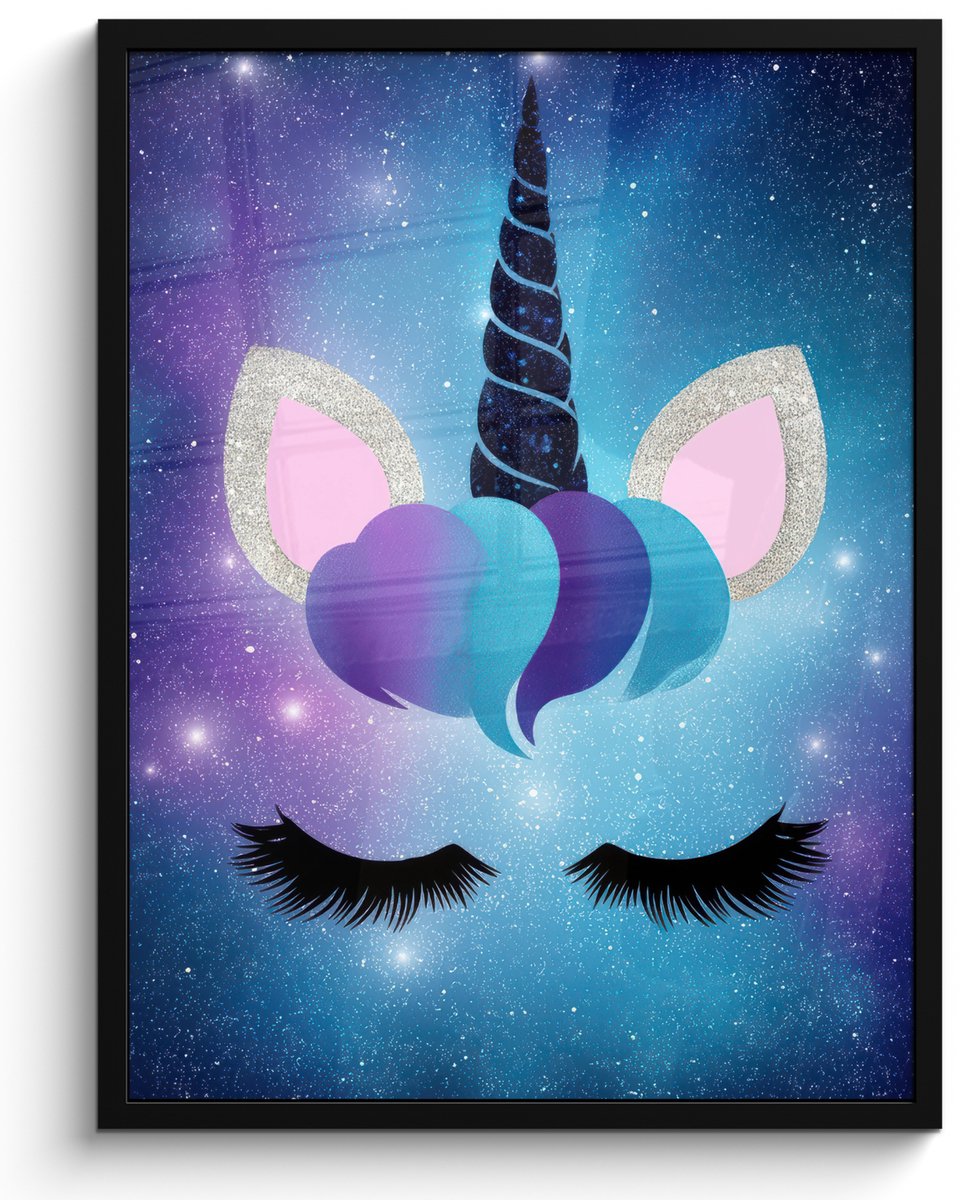 FrameYourWall Poster in lijst - Fotolijst 50x70 cm - Posters - Eenhoorn - Sterren - Blauw - Posterlijst zwart - Decoratie - Wanddecoratie woonkamer - Muurdecoratie slaapkamer Eenhoorn - Sterrenstelsel