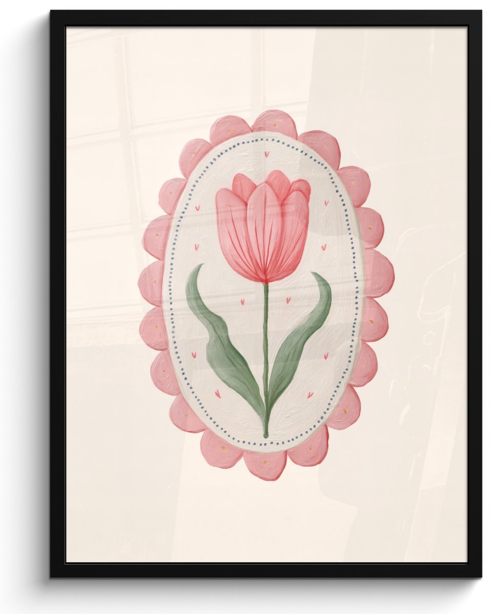 FrameYourWall Poster in lijst - Fotolijst 50x70 cm - Posters - Tulp - Lijst - Ovaal - Illustratie - Posterlijst zwart - Decoratie - Wanddecoratie woonkamer - Muurdecoratie slaapkamer Tulp - Ovaal