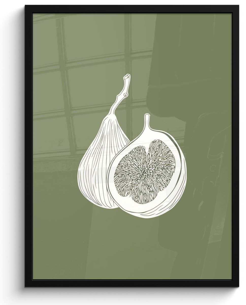FrameYourWall Poster in lijst - Fotolijst 50x70 cm - Posters - Vijgen - Minimalistisch - Getekend - Mosgroen - Posterlijst zwart - Decoratie - Wanddecoratie woonkamer - Muurdecoratie slaapkamer