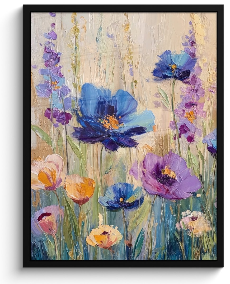 FrameYourWall Poster in lijst - Fotolijst 50x70 cm - Posters - Zomers - Wilde bloemen - Penseelstreken - Posterlijst zwart - Decoratie - Wanddecoratie woonkamer - Muurdecoratie slaapkamer Bloemen - Zomers