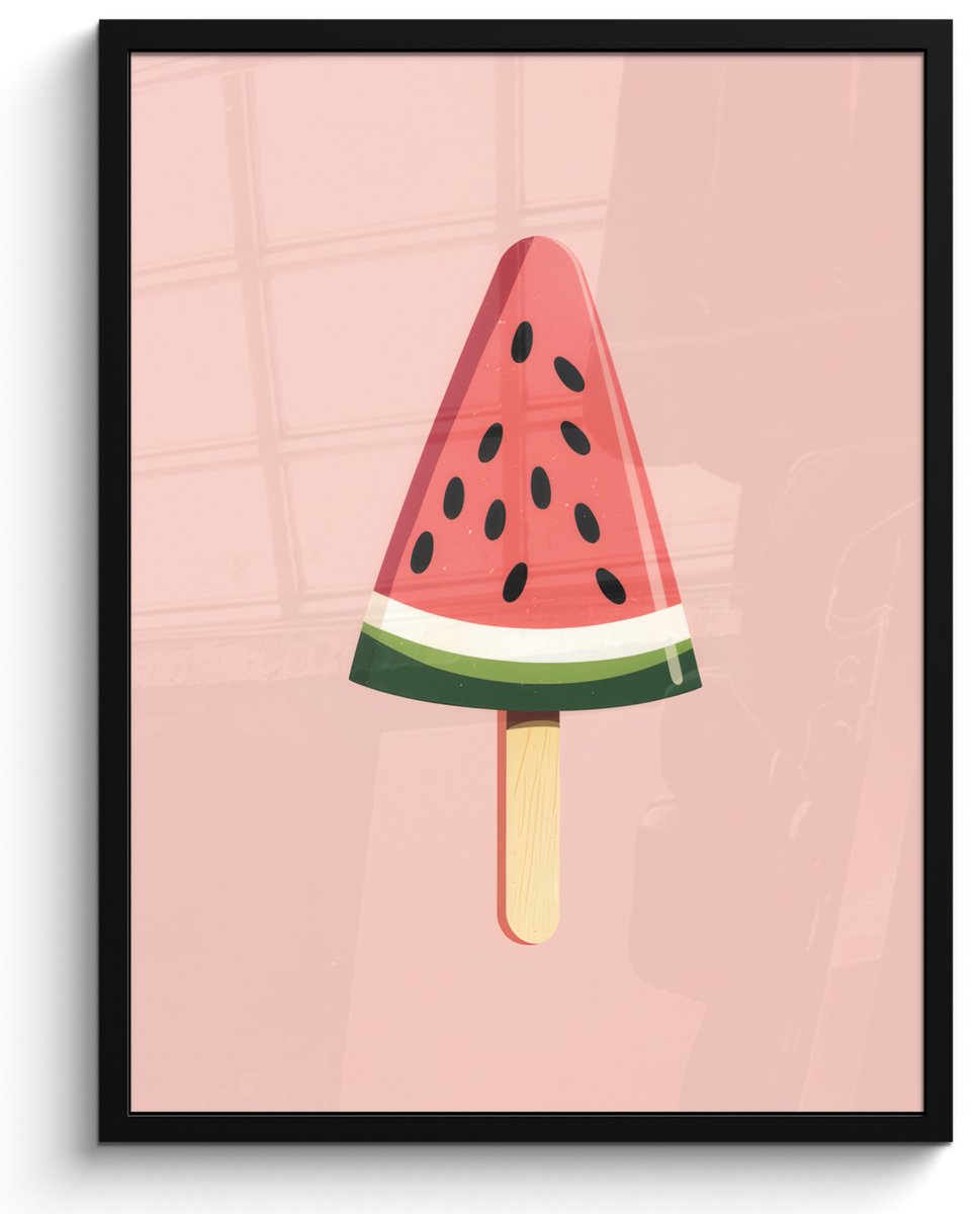 FrameYourWall Poster in lijst - Fotolijst 50x70 cm - Posters - Watermeloen - Ijsje - Pitjes - Rood - Posterlijst zwart - Decoratie - Wanddecoratie woonkamer - Muurdecoratie slaapkamer Watermeloen - Stokje