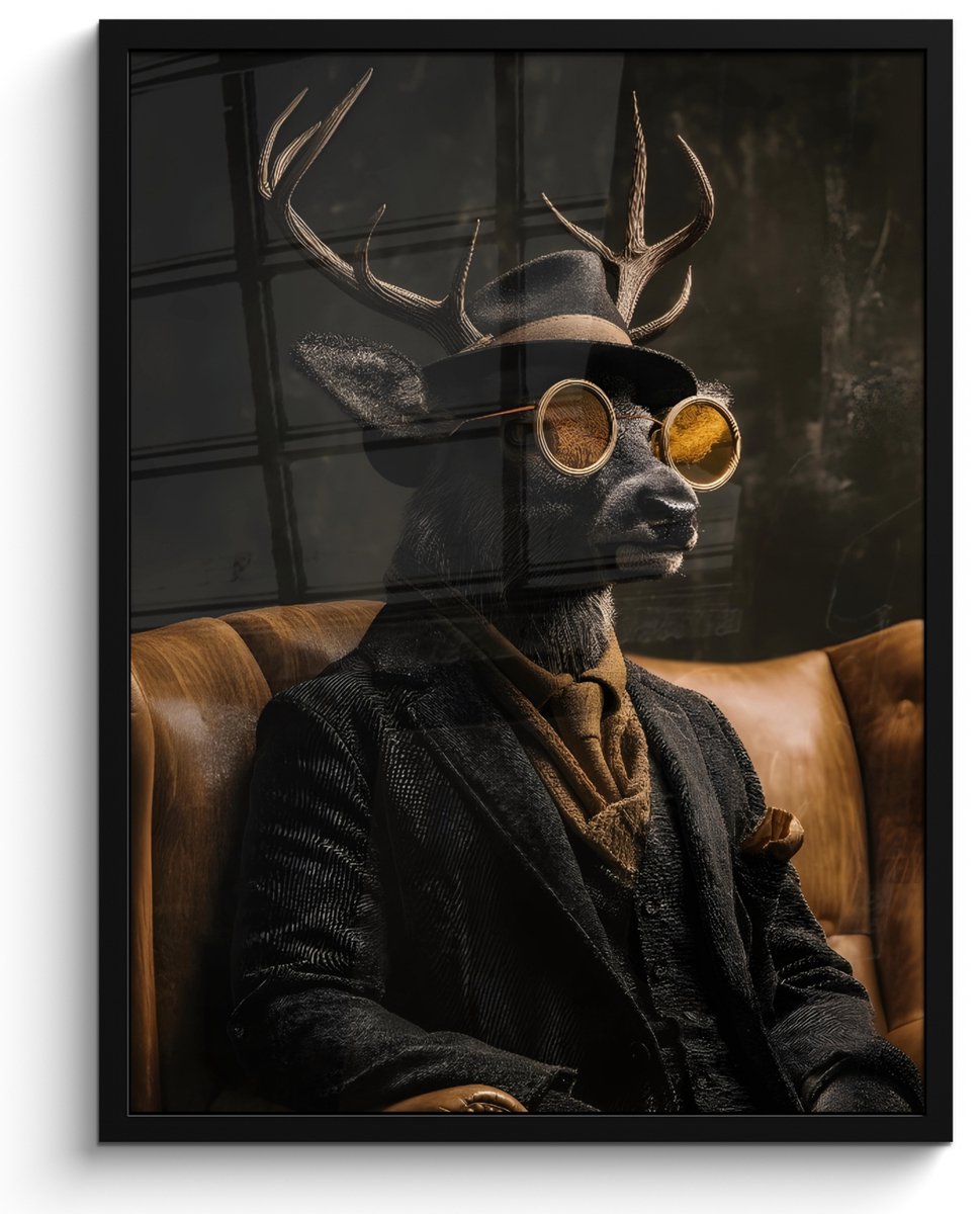 FrameYourWall Poster in lijst - Fotolijst 50x70 cm - Posters - Hert - Zonnebril - Zwart - Pak - Posterlijst zwart - Decoratie - Wanddecoratie woonkamer - Muurdecoratie slaapkamer Beer - Hoed