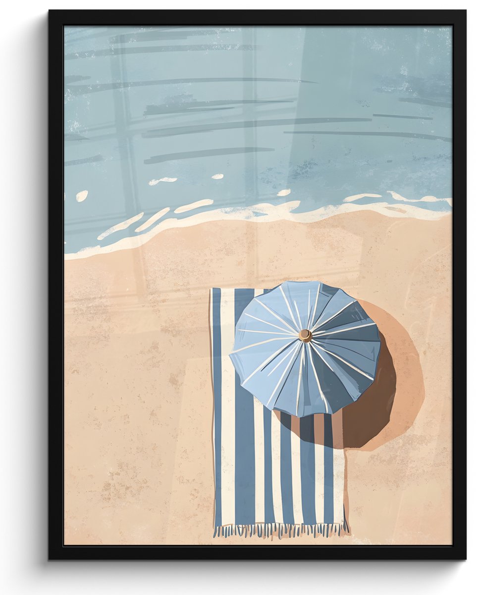 FrameYourWall Poster in lijst - Fotolijst 50x70 cm - Posters - Strandlaken - Strepen - Parasol - Strand - Posterlijst zwart - Decoratie - Wanddecoratie woonkamer - Muurdecoratie slaapkamer Strand - Parasol