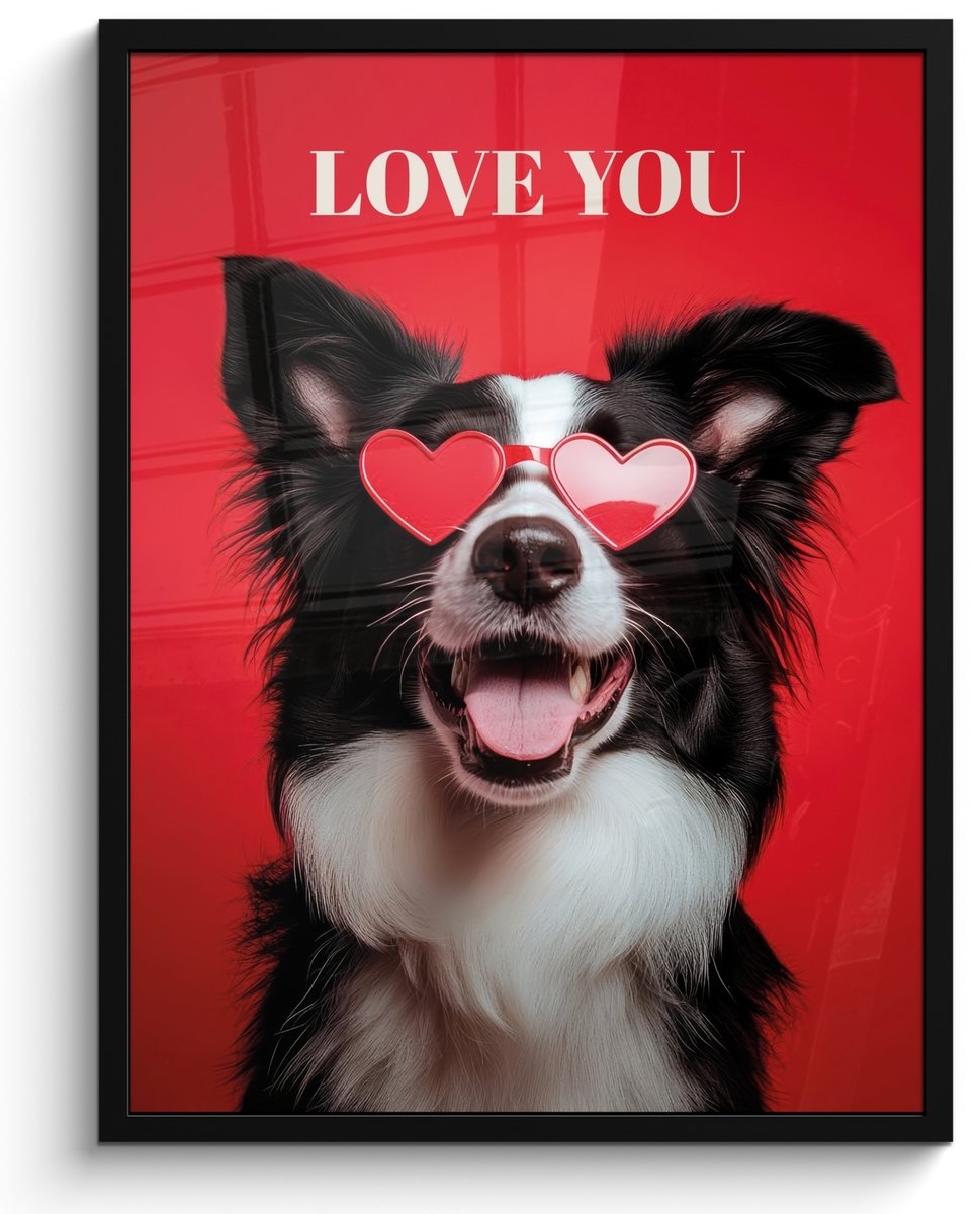 FrameYourWall Poster in lijst - Fotolijst 50x70 cm - Posters - Hond - Hartjesbril - Loveyou - Rood - Posterlijst zwart - Decoratie - Wanddecoratie woonkamer - Muurdecoratie slaapkamer Hond - Love you