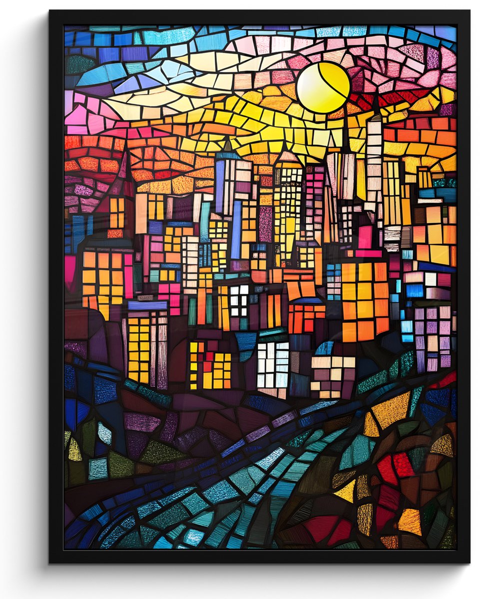 FrameYourWall Poster in lijst - Fotolijst 50x70 cm - Posters - Stad - Maan - Mozaïek - Kleurrijk - Posterlijst zwart - Decoratie - Wanddecoratie woonkamer - Muurdecoratie slaapkamer