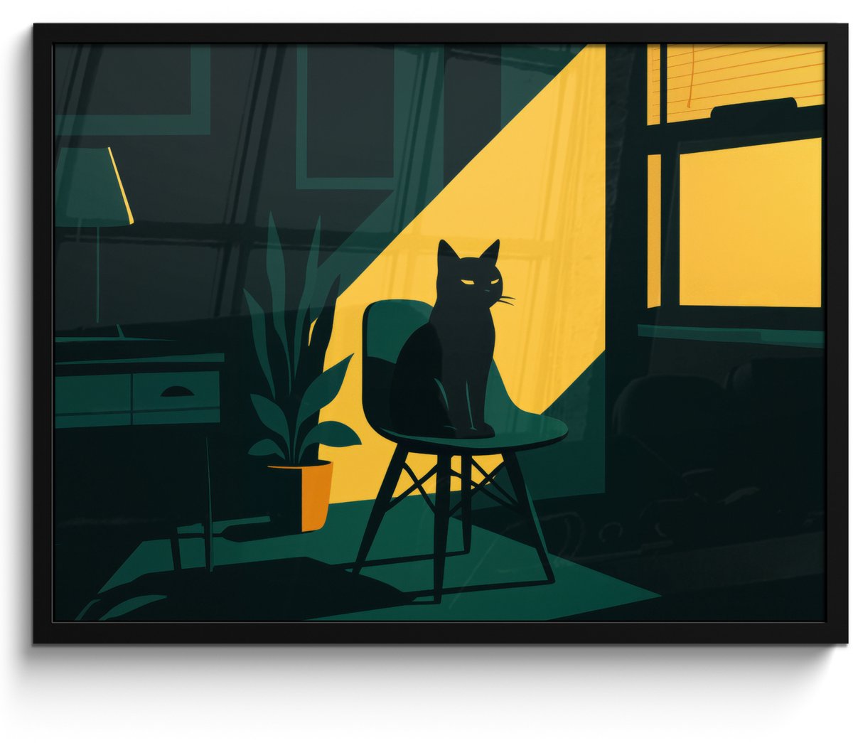 FrameYourWall Poster in lijst - Fotolijst 70x50 cm - Posters - Zwarte kat - Mysterieus - Gele instraal - Posterlijst zwart - Decoratie - Wanddecoratie woonkamer - Muurdecoratie slaapkamer
