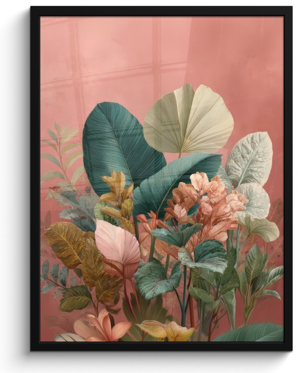 FrameYourWall Poster in lijst - Fotolijst 50x70 cm - Posters - Tropische bladeren - Bloemen - Roze - groen - Posterlijst zwart - Decoratie - Wanddecoratie woonkamer - Muurdecoratie slaapkamer Tropisch - Bladeren - Bloemen