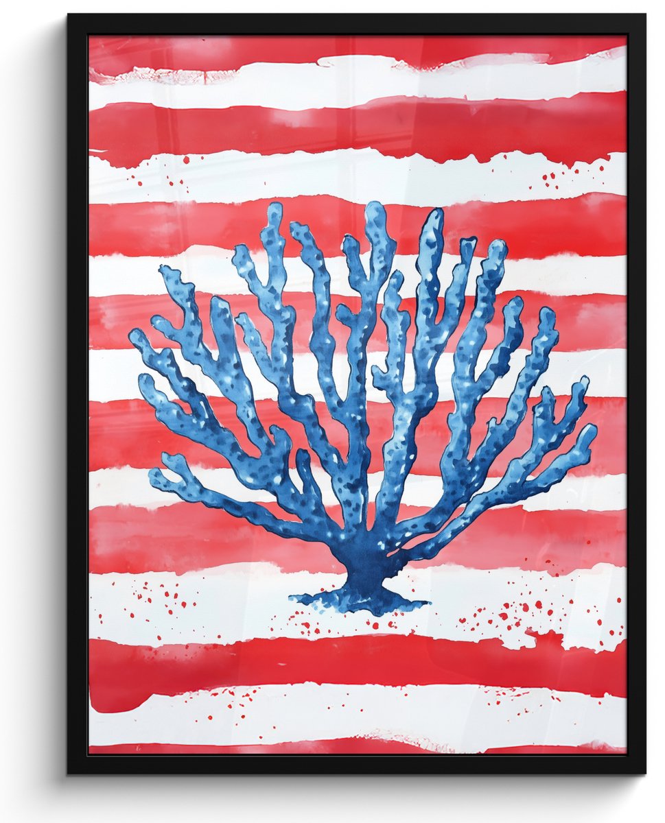 FrameYourWall Poster in lijst - Fotolijst 50x70 cm - Posters - Koraal - Verfstructuur - Rood - Blauw - Posterlijst zwart - Decoratie - Wanddecoratie woonkamer - Muurdecoratie slaapkamer Koraal - Strepen