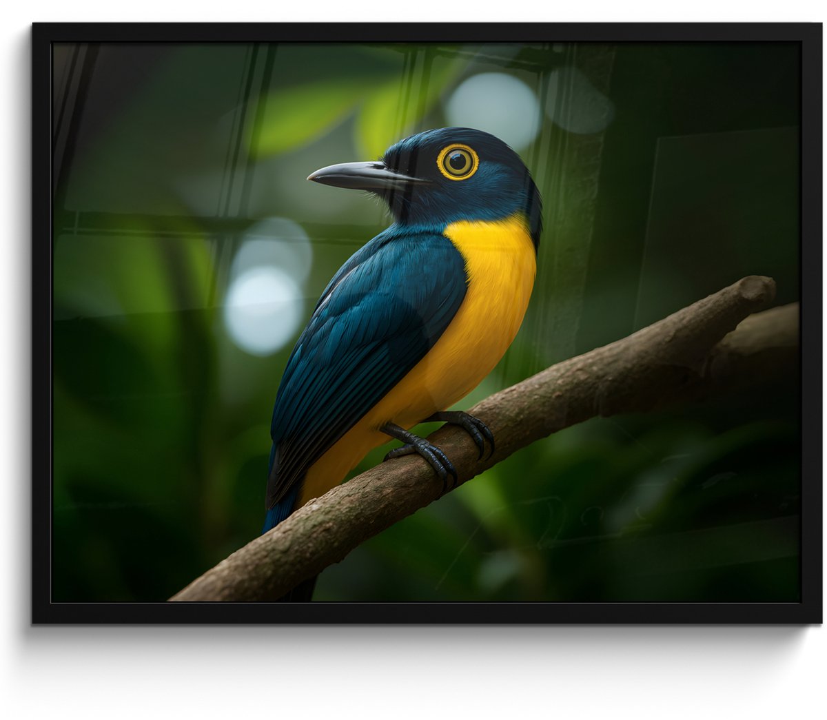 FrameYourWall Poster in lijst - Fotolijst 70x50 cm - Posters - Vogel - Tak - Geel - Bladeren - Posterlijst zwart - Decoratie - Wanddecoratie woonkamer - Muurdecoratie slaapkamer