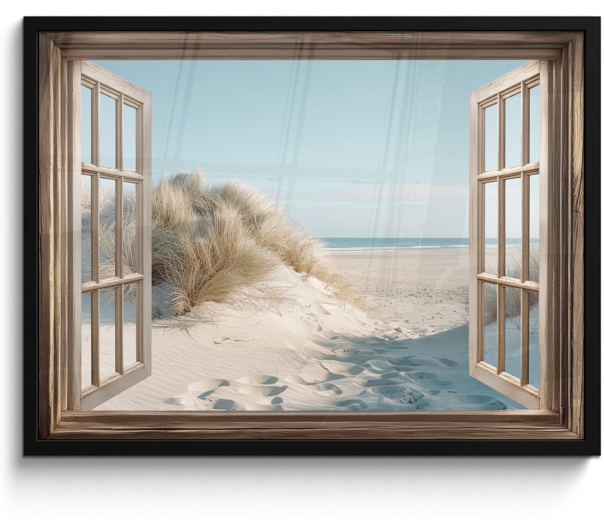 FrameYourWall Poster in lijst - Fotolijst 70x50 cm - Posters - Doorkijk - Helmgras - Duinen - Zee - Landschap - Posterlijst zwart - Decoratie - Wanddecoratie woonkamer - Muurdecoratie slaapkamer Strand - Duin