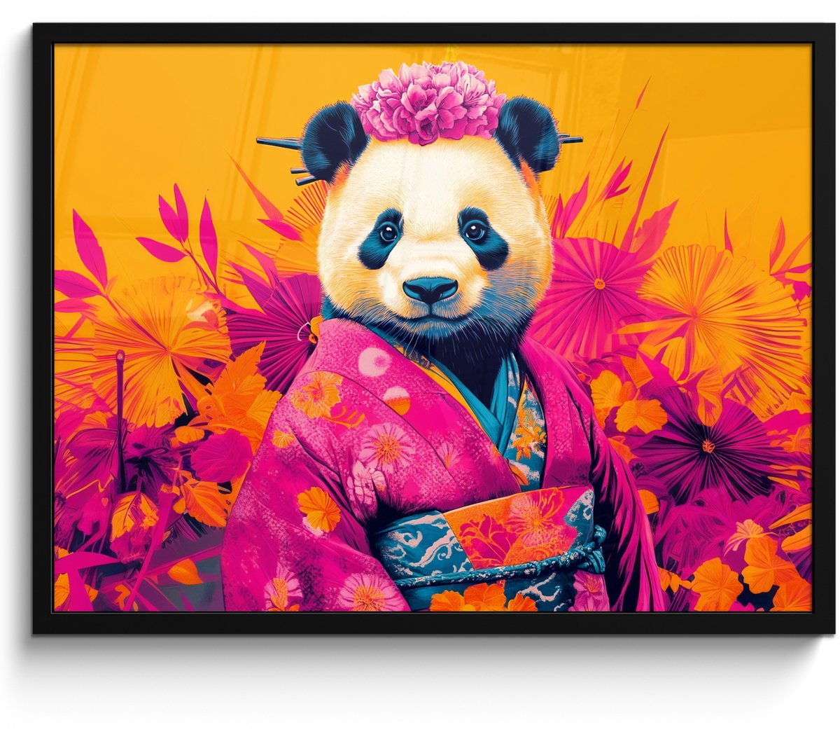 FrameYourWall Poster in lijst - Fotolijst 70x50 cm - Posters - Kimono - Roze - Panda - Bloemenkroon - Posterlijst zwart - Decoratie - Wanddecoratie woonkamer - Muurdecoratie slaapkamer
