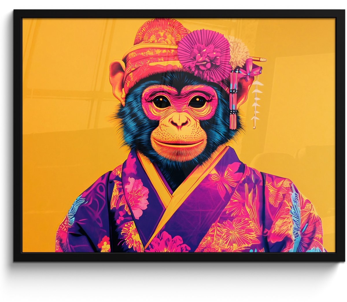 FrameYourWall Poster in lijst - Fotolijst 70x50 cm - Posters - Aap - Kimono - Bloemen - Hoofdtooi - Posterlijst zwart - Decoratie - Wanddecoratie woonkamer - Muurdecoratie slaapkamer