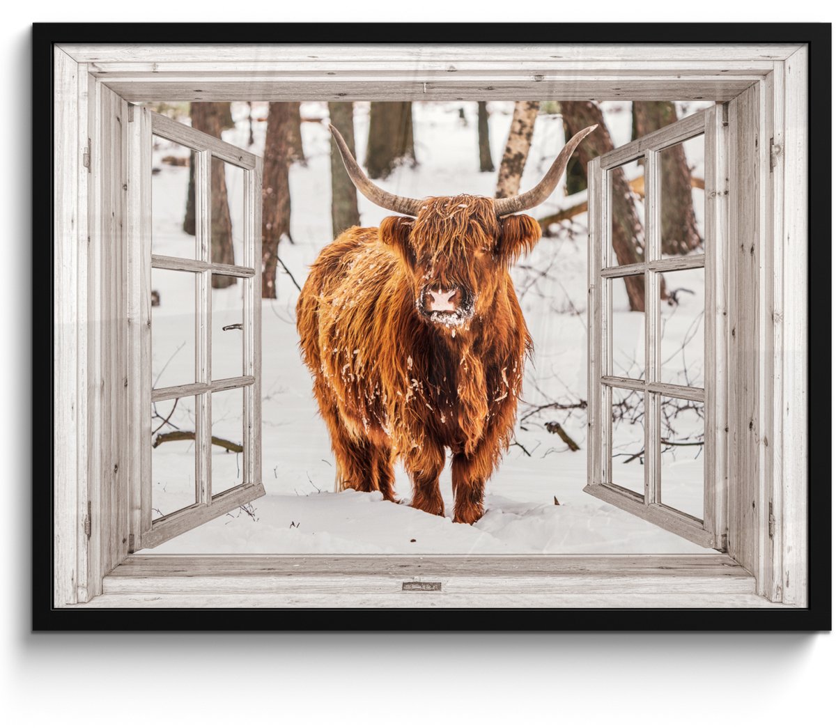 FrameYourWall Poster in lijst - Fotolijst 70x50 cm - Posters - Schotse Hooglander - Sneeuw - Winter - Natuur - Dier - Doorkijk - Landelijk - Posterlijst zwart - Decoratie - Wanddecoratie woonkamer - Muurdecoratie slaapkamer