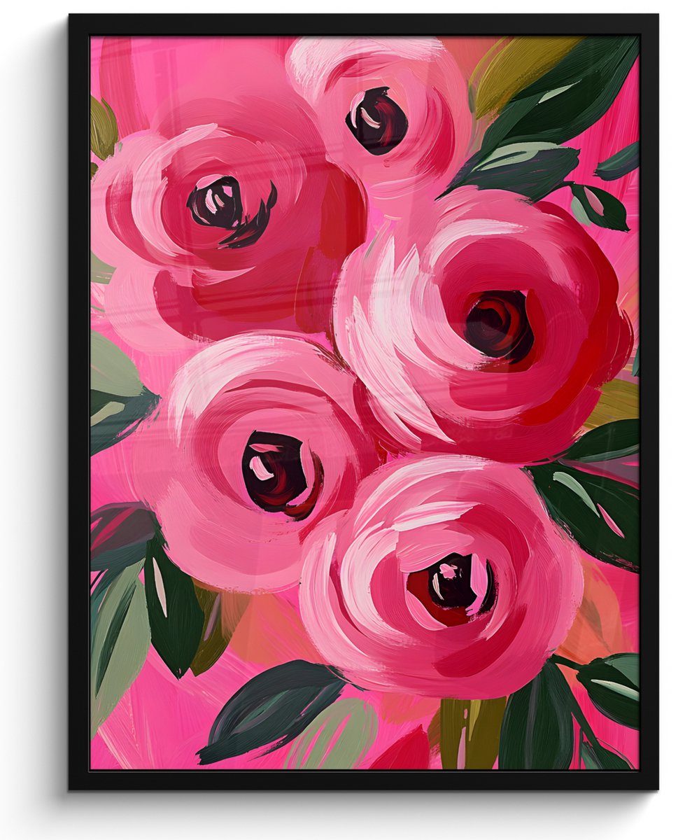 FrameYourWall Poster in lijst - Fotolijst 50x70 cm - Posters - Bloemen - Verf - Roze - Posterlijst zwart - Decoratie - Wanddecoratie woonkamer - Muurdecoratie slaapkamer Bloemen - Boeket