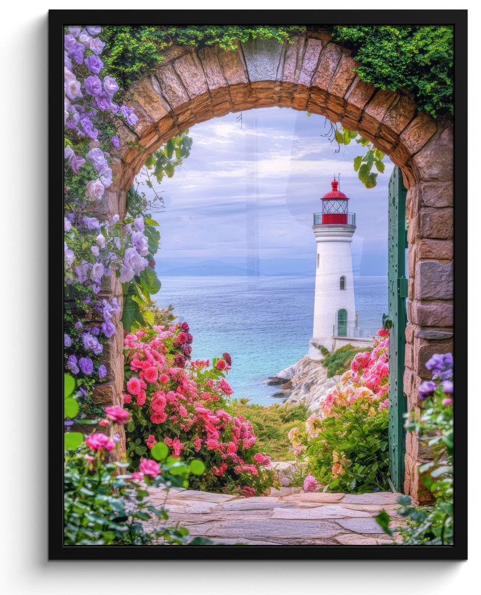 FrameYourWall Poster in lijst - Fotolijst 50x70 cm - Posters - Doorkijk - Vuurtoren - Bloemen - Uitzicht - Posterlijst zwart - Decoratie - Wanddecoratie woonkamer - Muurdecoratie slaapkamer Poort - Vuurtoren