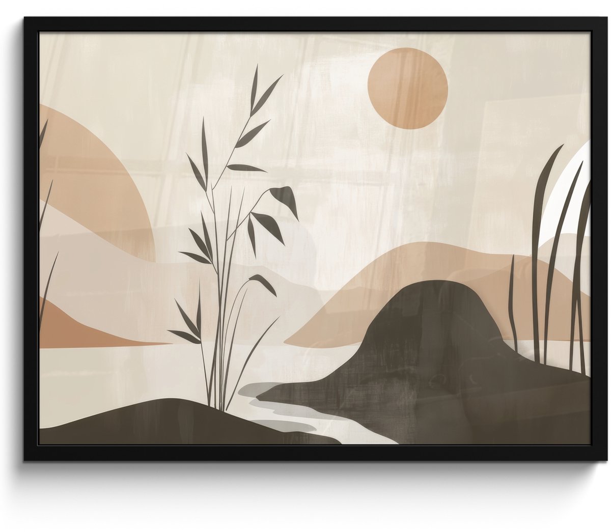 FrameYourWall Poster in lijst - Fotolijst 70x50 cm - Posters - Japandi - Landschap - Beige - Posterlijst zwart - Decoratie - Wanddecoratie woonkamer - Muurdecoratie slaapkamer Natuur
