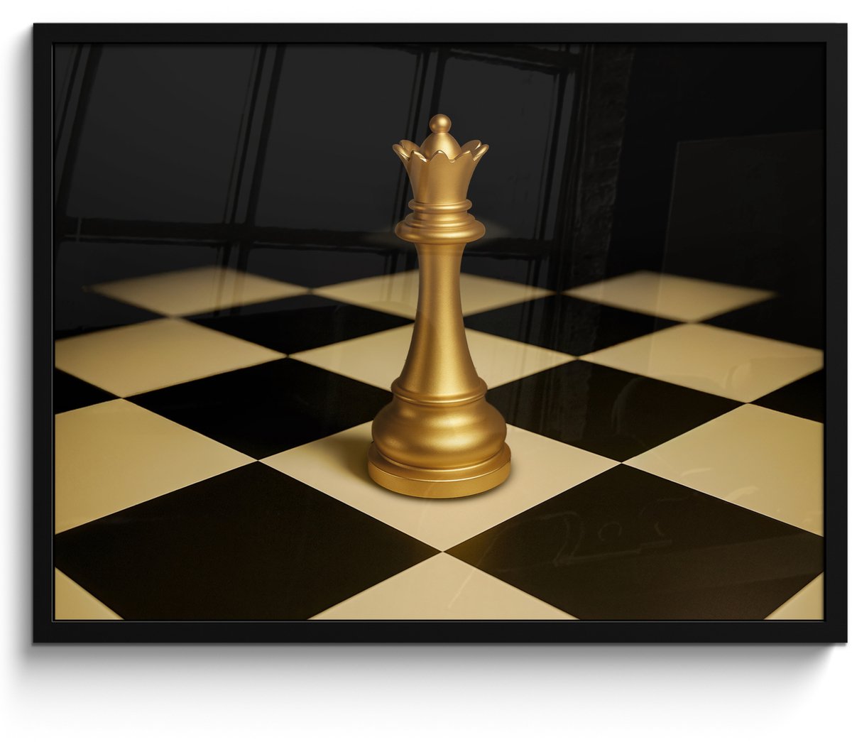 FrameYourWall Poster in lijst - Fotolijst 70x50 cm - Posters - Koningin - Schaakstuk - Geblokt - Goud - Posterlijst zwart - Decoratie - Wanddecoratie woonkamer - Muurdecoratie slaapkamer