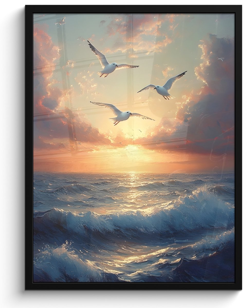 FrameYourWall Poster in lijst - Fotolijst 50x70 cm - Posters - Meeuwen - Zonsondergang - Zee - Wolken - Posterlijst zwart - Decoratie - Wanddecoratie woonkamer - Muurdecoratie slaapkamer