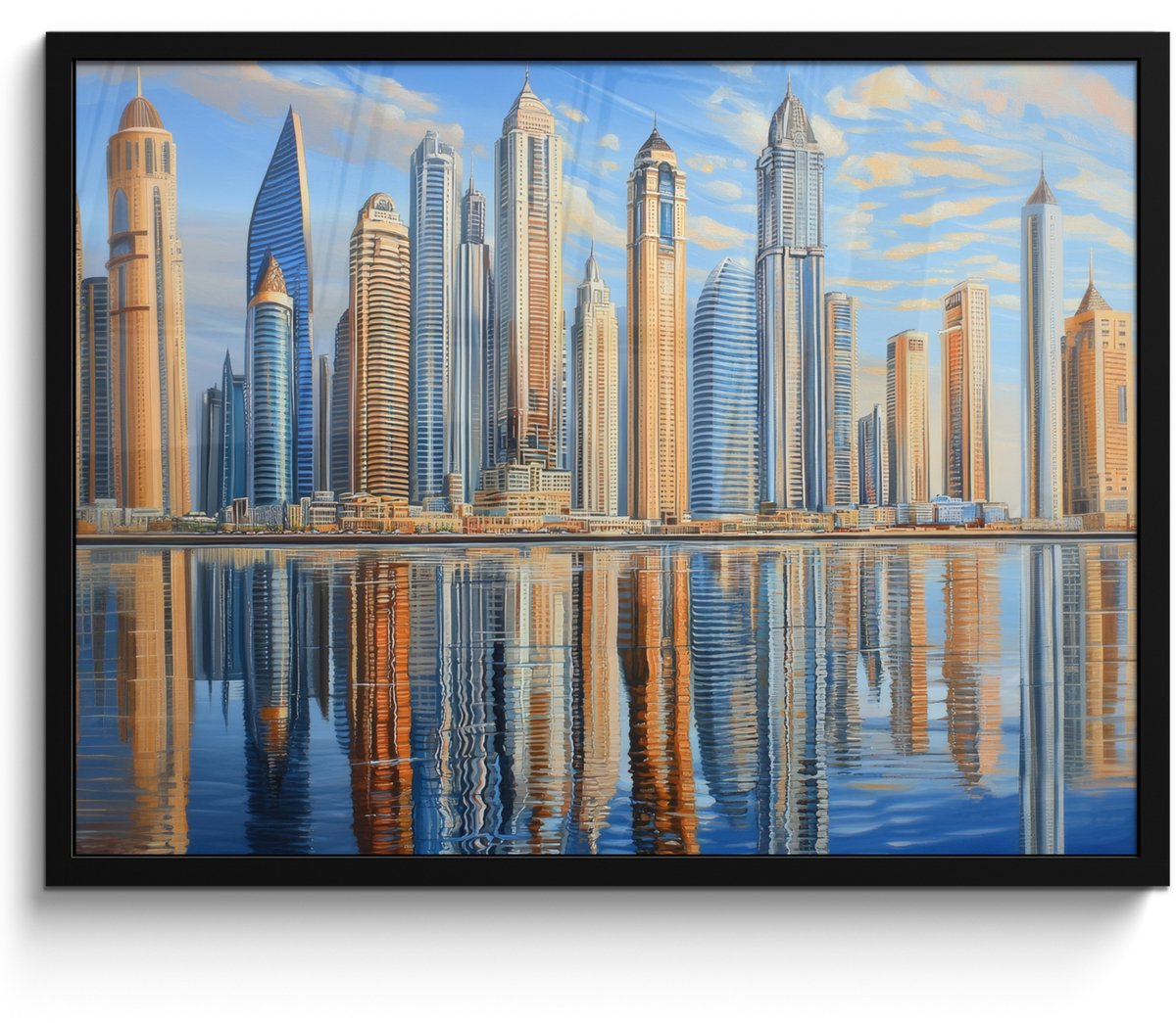 FrameYourWall Poster in lijst - Fotolijst 70x50 cm - Posters - Skyline - Wolkenkrabbers - Water - Blauw - Posterlijst zwart - Decoratie - Wanddecoratie woonkamer - Muurdecoratie slaapkamer