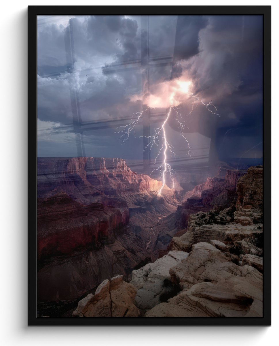 FrameYourWall Poster in lijst - Fotolijst 50x70 cm - Posters - Bliksem - Wolken - Canyon - Posterlijst zwart - Decoratie - Wanddecoratie woonkamer - Muurdecoratie slaapkamer Bliksem - Wolken - Rotsen