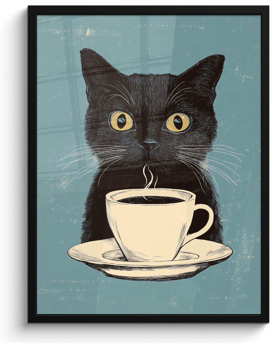 FrameYourWall Poster in lijst - Fotolijst 50x70 cm - Posters - Kat - Zwart - Koffie - Minimalistisch - Posterlijst zwart - Decoratie - Wanddecoratie woonkamer - Muurdecoratie slaapkamer Kat - Koffie