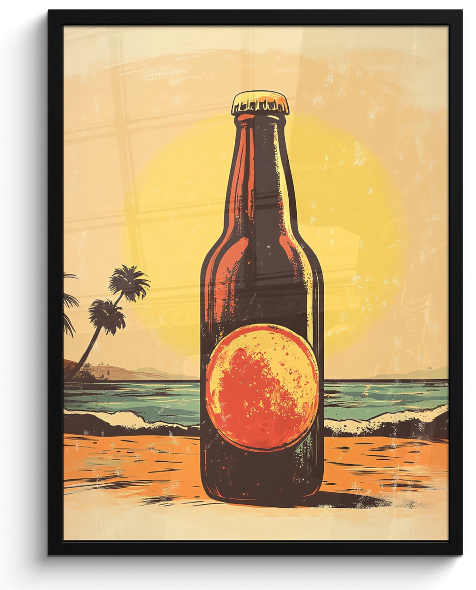 FrameYourWall Poster in lijst - Fotolijst 50x70 cm - Posters - Bierfles - Zonsondergang - Palmbomen - Zee - Posterlijst zwart - Decoratie - Wanddecoratie woonkamer - Muurdecoratie slaapkamer Bierfles - Strand