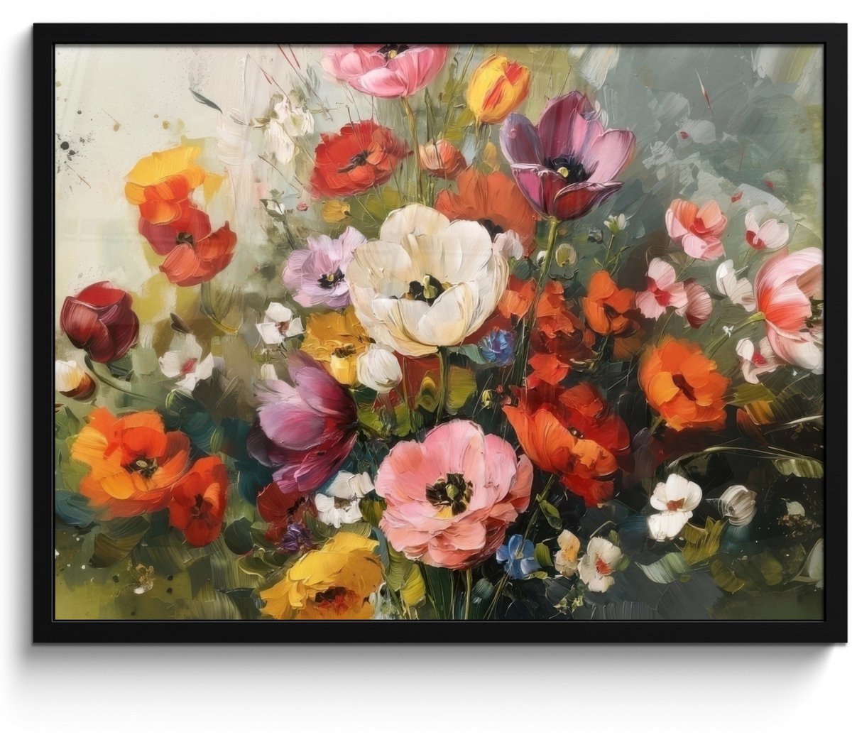 FrameYourWall Poster in lijst - Fotolijst 70x50 cm - Posters - Vrolijk boeket - Dynamisch - Subtiele kleurspatten - Posterlijst zwart - Decoratie - Wanddecoratie woonkamer - Muurdecoratie slaapkamer Bloemen - Boeket