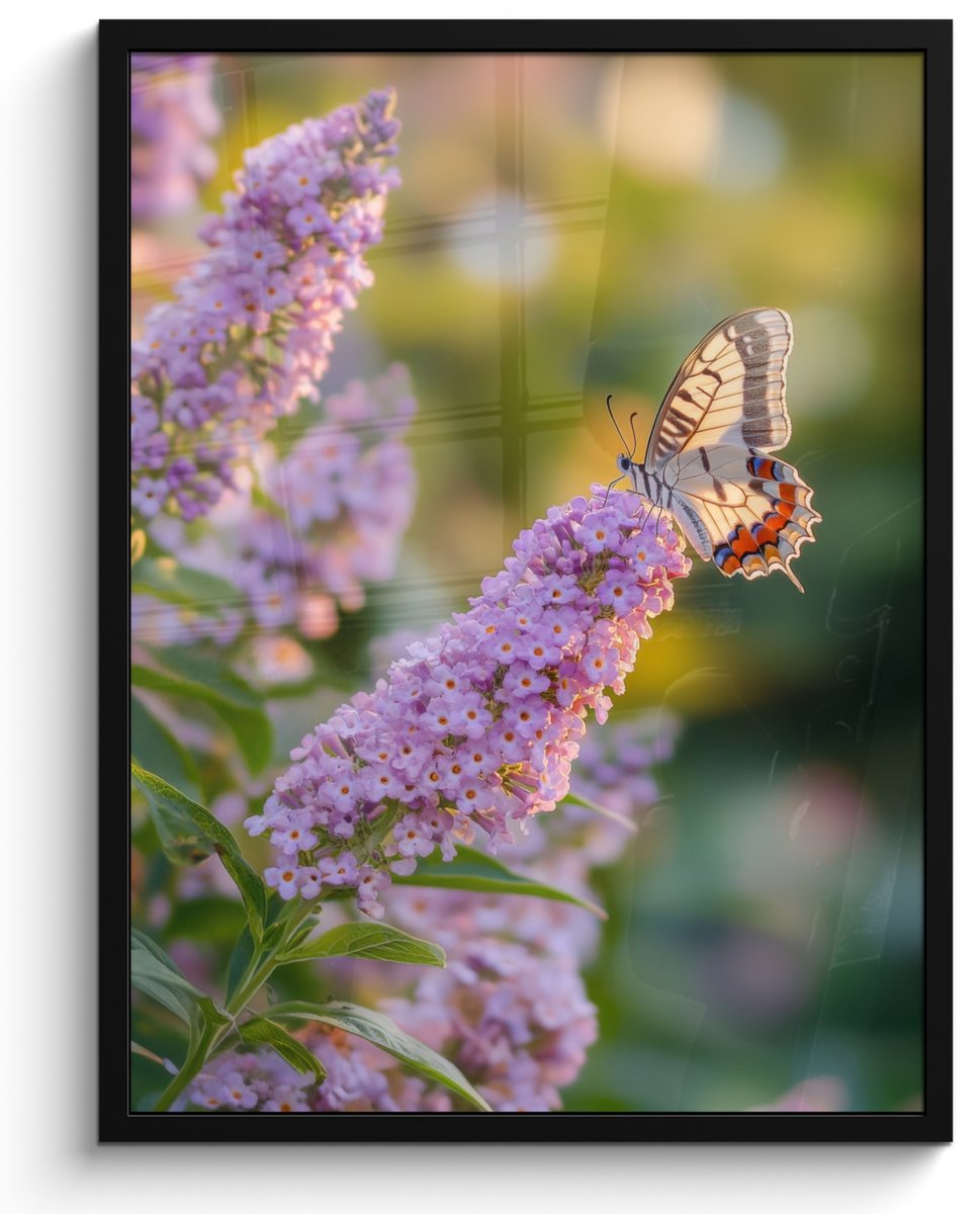 FrameYourWall Poster in lijst - Fotolijst 50x70 cm - Posters - Sierlijke - Vlinder - Paarse - Bloemen - Posterlijst zwart - Decoratie - Wanddecoratie woonkamer - Muurdecoratie slaapkamer Vlinder - Bloemen