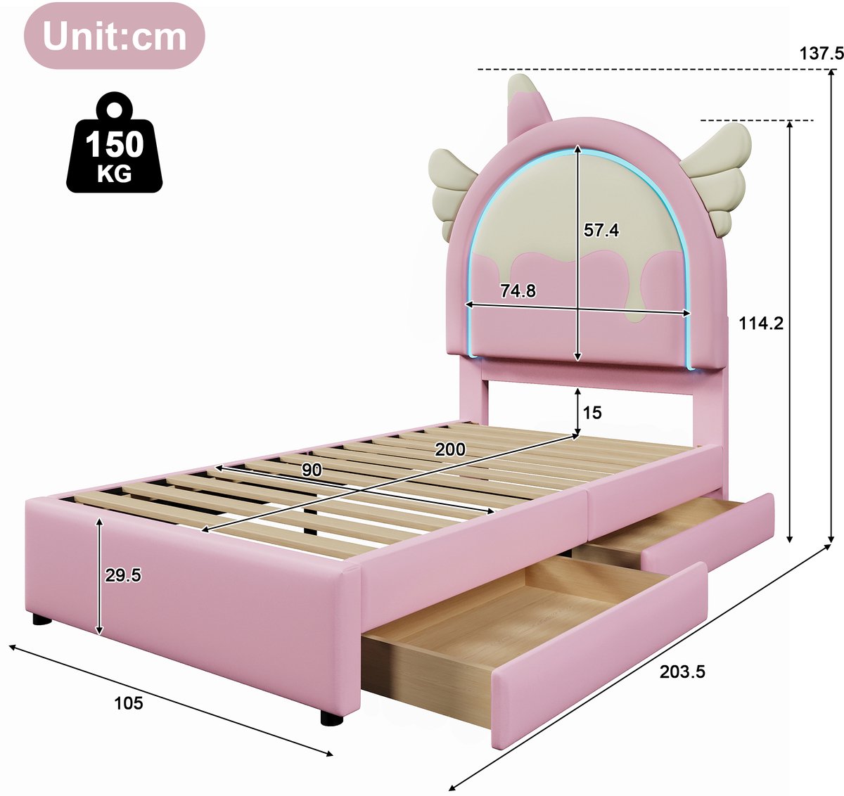 FloraGrace Gestoffeerd Bed 90x200 cm – Met Kleurrijke Lichtstrip – Met 2 Lades – Eenhoorn Kindbed – PU – Zonder Matras – Roze — cadeau in Cadeau-ideeën - foto 5