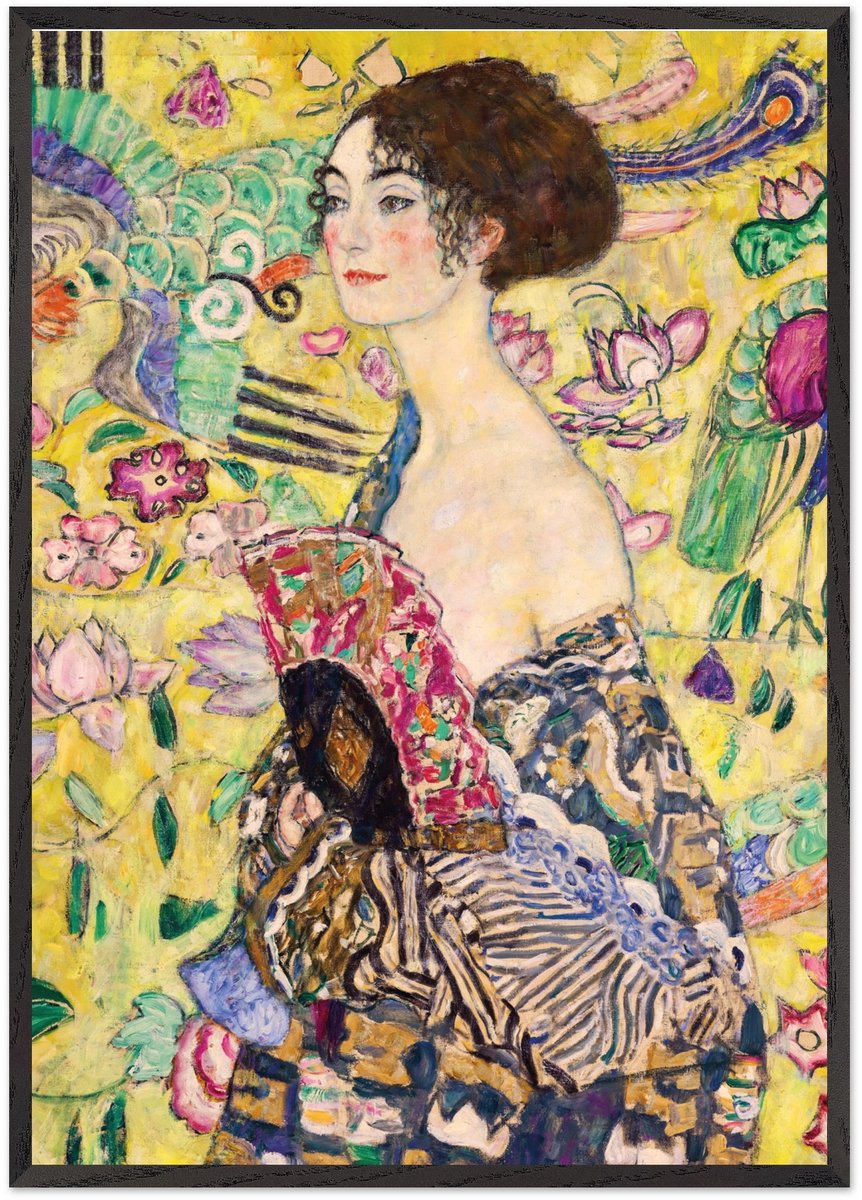 Gustav Klimt - Lady with a fan Poster met Lijst 70x100 cm - inclusief lijst