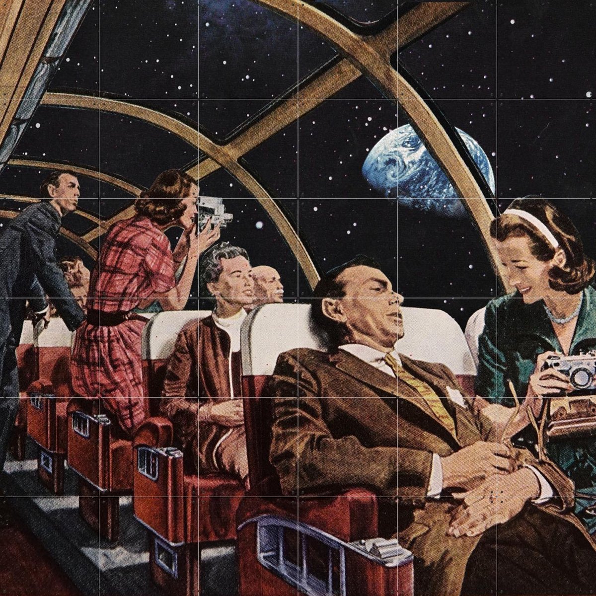 IXXI Earth Flyby, Extrovisions - 120 x 120 cm - Gratis ophangtool - Grote wanddecoratie en posters - Illustraties, Vintage, Retro, Surrealisme