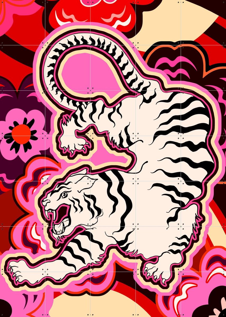 IXXI White Tiger Japanese Flowers Pink, Marylène Madou - 100 x 140 cm - Gratis ophangtool - Grote wanddecoratie en posters - Pop art, Kleurrijk