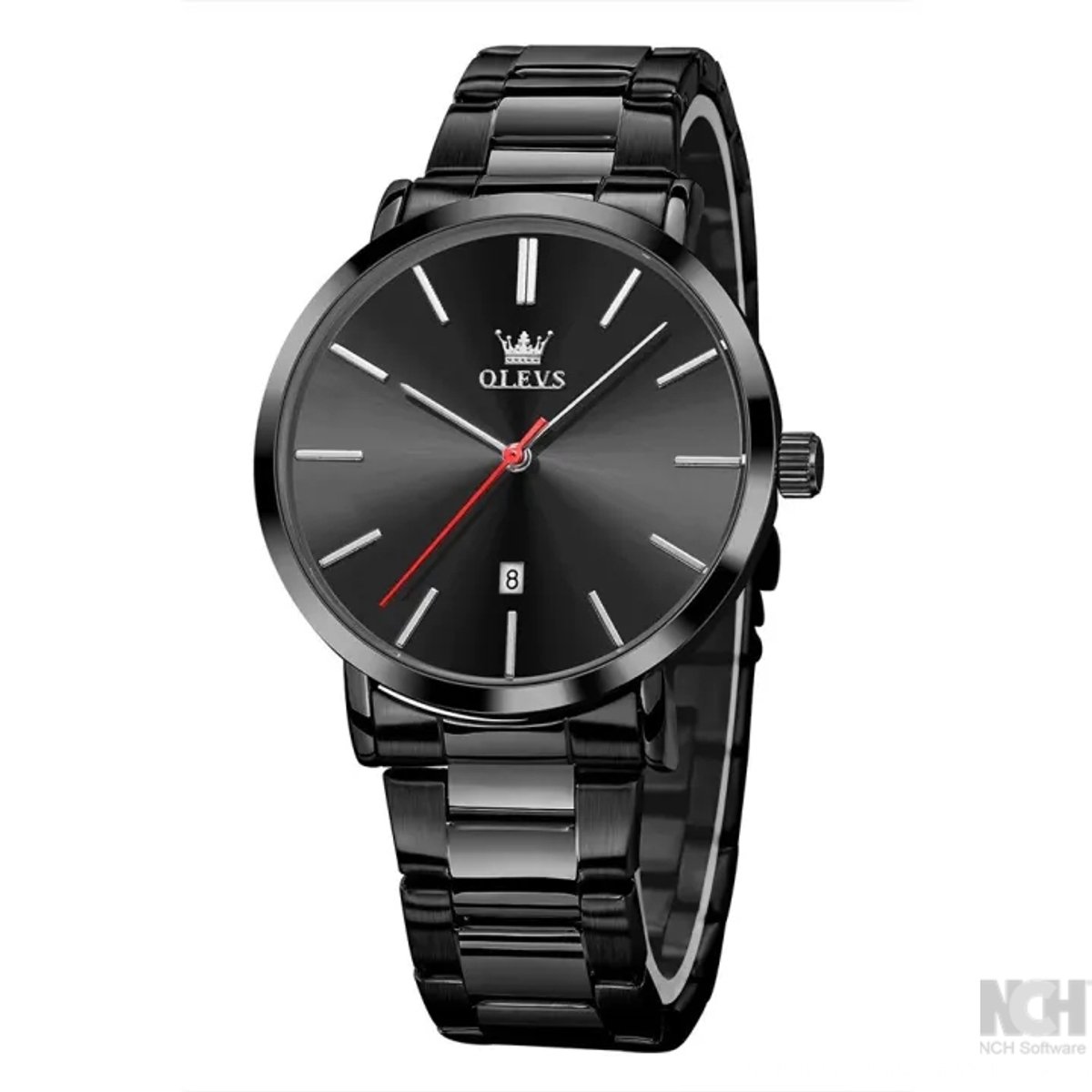 HO-0701zw : Olevs simpel zwart edelstalen heren quartz horloge, kalenderdag